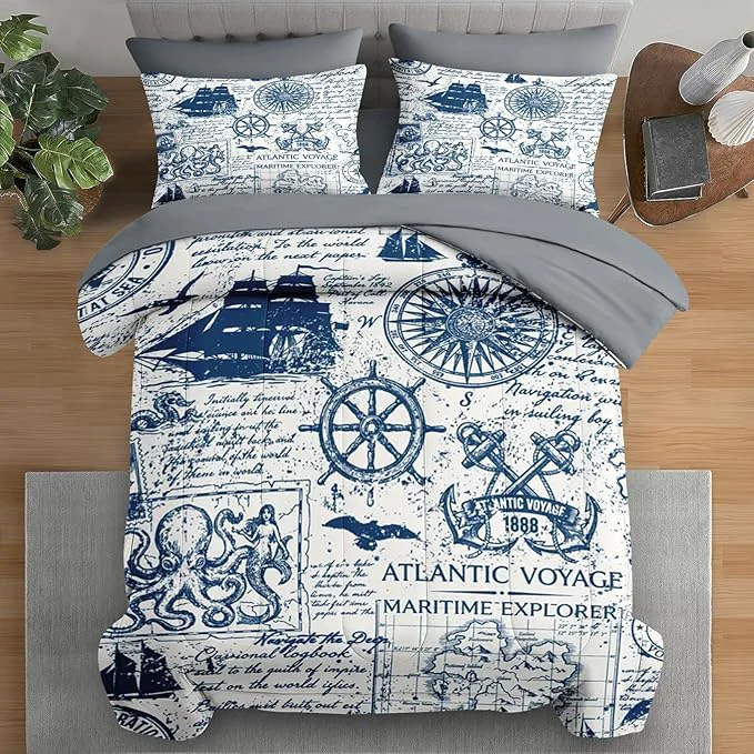 Breathable Comforter Set Queen Size Nautical Anchor Sailor Grey 7 Pcs Bedding for Kids and Adults Ocean Vintage Sea Bed Sheet Sets with Fitted Sheet 2 Pillowcases amp 2 Shams for Bedroom Bed Decor Trendy