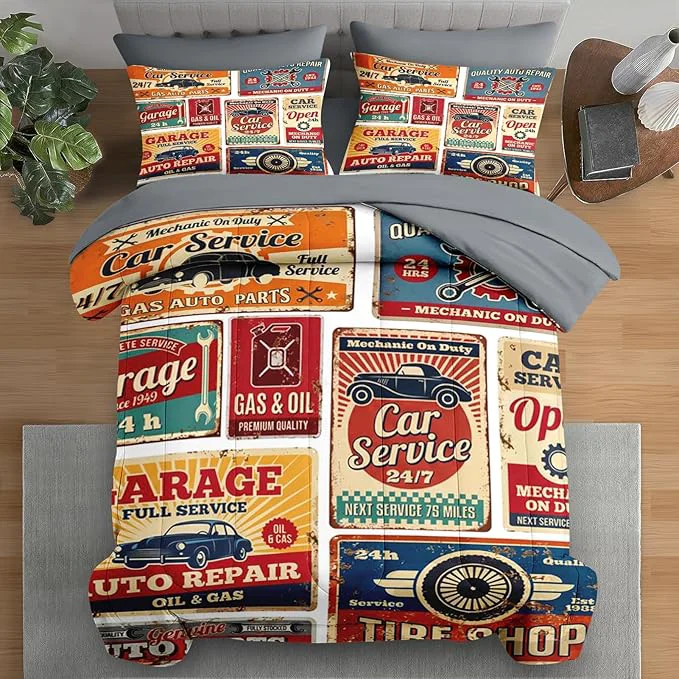 Pure Comforter Set King Size Vintage Car Auto 7 Pcs Bedding for Kids and Adults Retro Vehicle Automotive Bed Sheet Sets with Fitted Sheet 2 Pillowcases amp 2 Shams for Bedroom Bed Decor Specialty