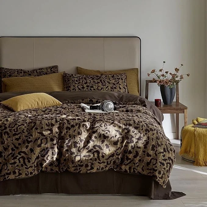 Natural mixinni Leopard Duvet Cover Full Size Yarn-Dyed Leopard Print Jacquard Cotton Duvet Cover Set-Vintage Floral Pattern Bedding Set with Pillowcases for Him and Her- Full Size Brown Next-Generation