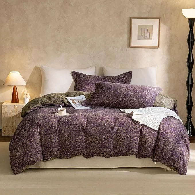 Prestigious mixinni Purple Green Floral Duvet Cover King Size Elegant Double-Layer Yarn Premium Cotton Vintage Duvet Cover Set Exquisite Jacquard Design Bedding Set with 2 Pillowcases for Him and Her Certified