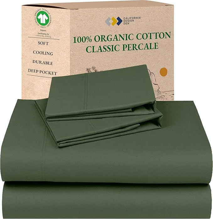 Versatile California Design Den Soft Organic Cotton Bed Sheets California King Size Set with Deep Pockets – Crisp Percale Sheets Breathable and Durable Bedding Set – Olive Green Efficient