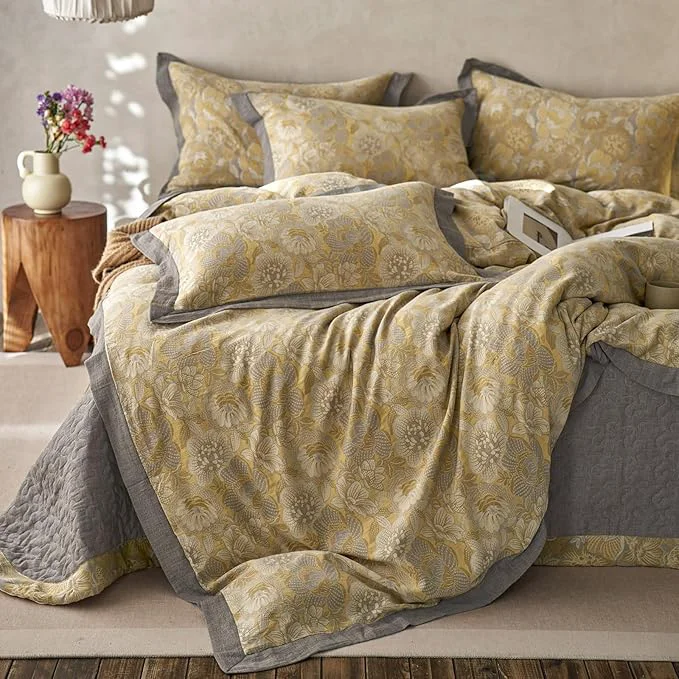 Excellent mixinni Duvet Cover King Premium Cotton Double-Layer Yarn Golden Floral Jacquard Reversible Grey Comforter Cover with Edge Design Farmhouse Bedding Set with 2 Pillowcases for Him and Her Versatile