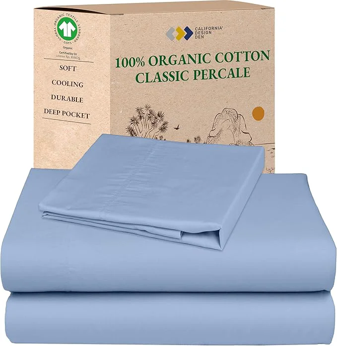 Refined California Design Den Twin Sheets Set – Soft Organic Cotton Sheets Crisp and Cool Percale Deep Pockets with Anti-Skid Elastic Breathable and Durable Bedding Set – Light Blue Natural
