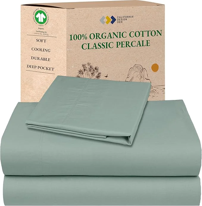 Exclusive California Design Den Twin XL Bed Sheets Set – Soft Organic Cotton Cool Percale Sheets Deep Pockets with Anti-Skid Elastic Breathable and Durable Bedding Set for Dorm Room – Sage Green Fine