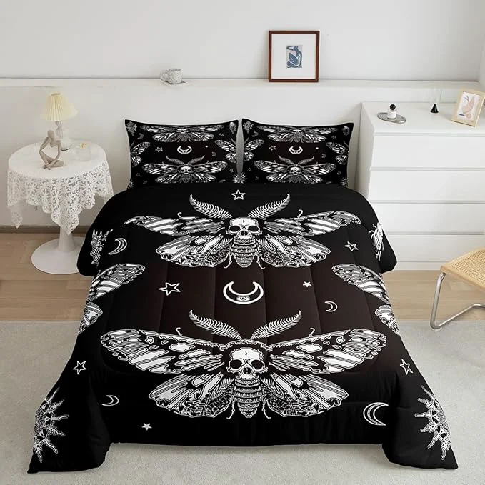 Reliable Feelyou Boys Boho Moth Comforter Set Twin Size Men Gothic Skull Bedding Set for Girls Women Bedroom Decor Bohemian Moon Star Comforter Personalized Moth Skull Skeleton Bones Duvet Set Teens Quilt Set Efficient