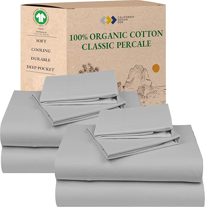 Functional California Design Den 2-Pack Full Size Bed Sheets Set – Organic Cotton Crisp and Breathable Percale Bed Sheets Full Size Deep Pockets Lightweight Bedding Set – Light Grey Modern