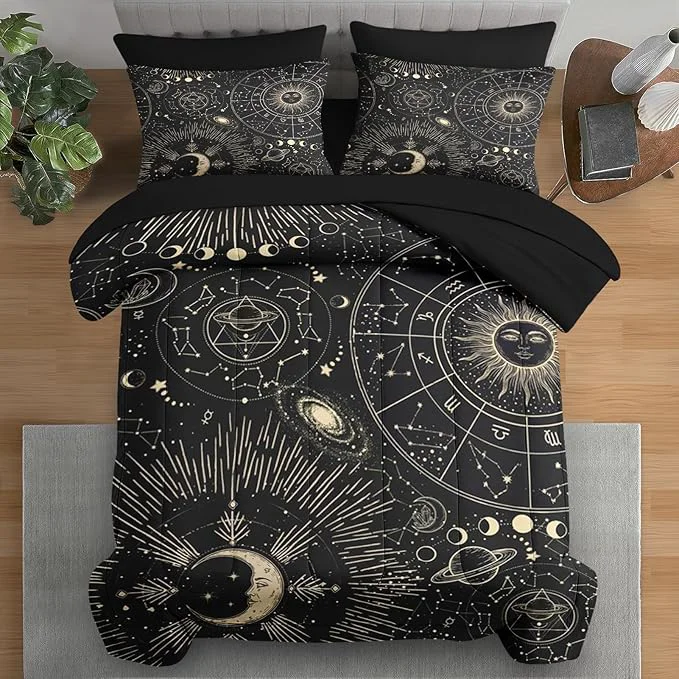 Breathable Comforter Set King Size Sun Moon Astrology 7 Pcs Bedding for Kids and Adults Space Science Galaxy Retro Bed Sheet Sets with Fitted Sheet 2 Pillowcases amp 2 Shams for Bedroom Bed Decor High-End