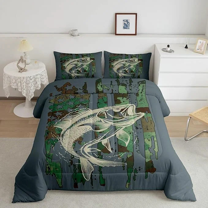 Fashionable Feelyou Bass Fish Comforter Set Full Size Green Camouflage Bedding Set for Fishing Lover Gifts Boys Girls Camo Pike Fish Fishing Comforter Wild Fisherman Bed Set Rustic Cabin Bedroom Decor Selected