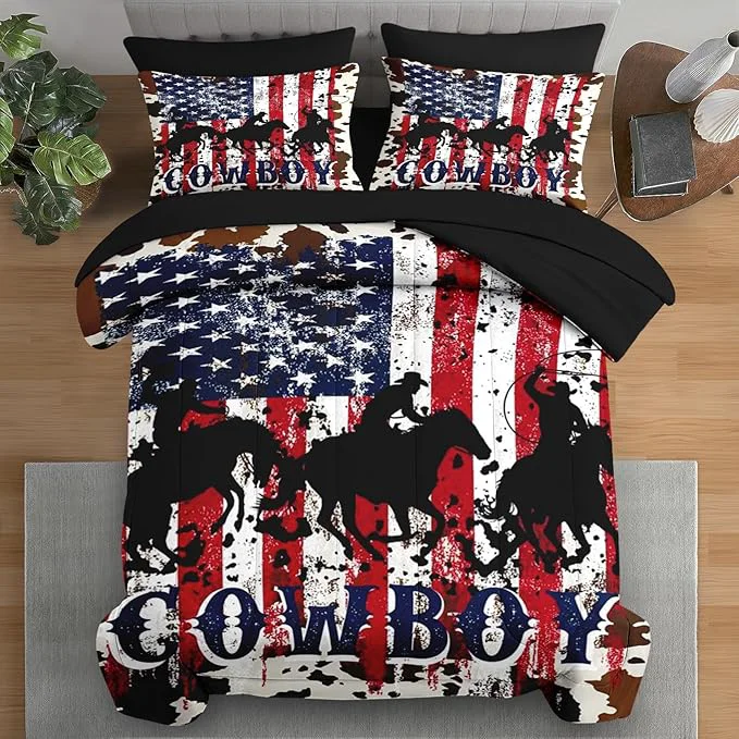 Prestigious Comforter Set King Size Cowboy Horse Flag 7 Pcs Bedding for Kids and Adults Western Country Farm Bed Sheet Sets with Fitted Sheet 2 Pillowcases amp 2 Shams for Bedroom Bed Decor Stylish