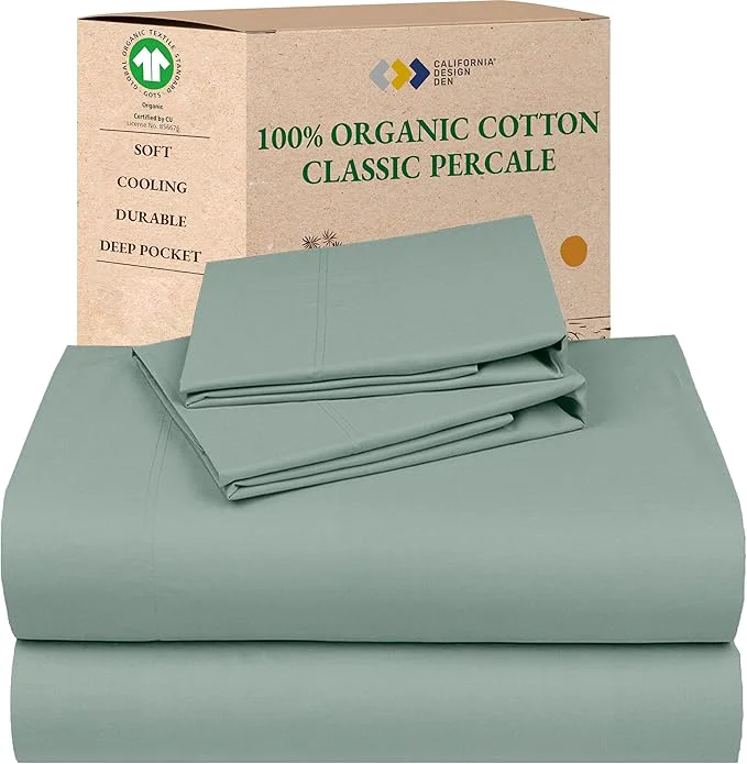 Efficient California Design Den Deep Pocket Full Size Sheets Set – Soft Organic Cotton Crisp and Cool Percale Sheets Deep Pockets with Anti-Skid Elastic Breathable and Durable Bedding Set – Sage Green Solid