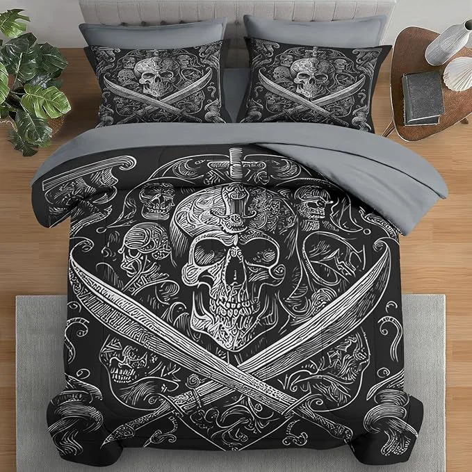 Crafted Comforter Set Full Size Gothic World 7 Pcs Bedding for Adults Vintage Retro Skeleton Bed Sheet Sets with Fitted Sheet 2 Pillowcases amp 2 Shams for Bedroom Bed Decor Casual