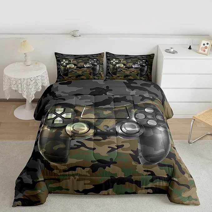Environmentally Friendly Feelyou Kids Gamer Comforter Set Camouflage Gaming Bedding Set for Boys Teens Green Black Camo Video Game Decor Comforter Gamer Console Quilt King Size Duvet Quilted 3Pcs Boys Safe