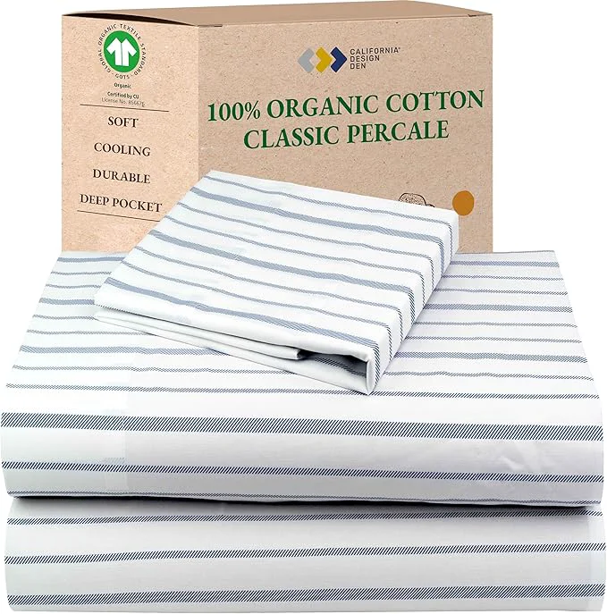 Original California Design Den Striped Twin Sheets Set – Organic Cotton Soft and Crisp Percale Sheets with Deep Pockets Durable Bedding Set – Blue Stripe Outstanding