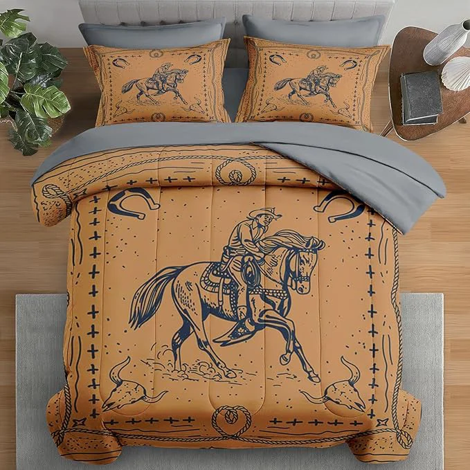 Casual Comforter Set Queen Size Western Cowboy Retro 7 Pcs Bedding for Kids and Adults Vintage Horse Animal Bed Sheet Sets with Fitted Sheet 2 Pillowcases amp 2 Shams for Bedroom Bed Decor Original Design