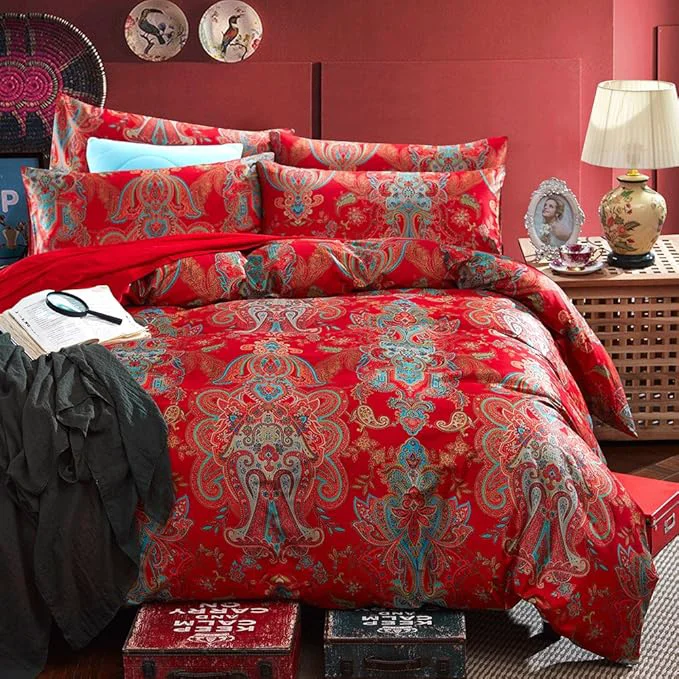 Advanced mixinni King Size Duvet Cover Set Paisley Light Blue Long Staple Cotton Percale Farmhouse Pattern Duvet Cover on Red Vintage Floral Bedding Comforter Cover with 2 Pillowcases for Him and Her Eco-Friendly