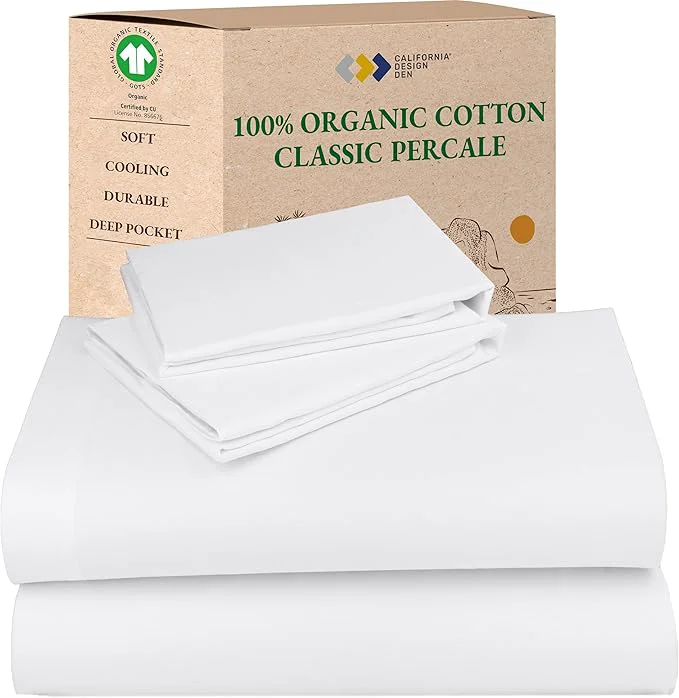 Green California Design Den Full Sheet Set – Soft Organic Cotton Sheets with Deep Pockets Crisp Percale Breathable and Durable Bedding Set – White