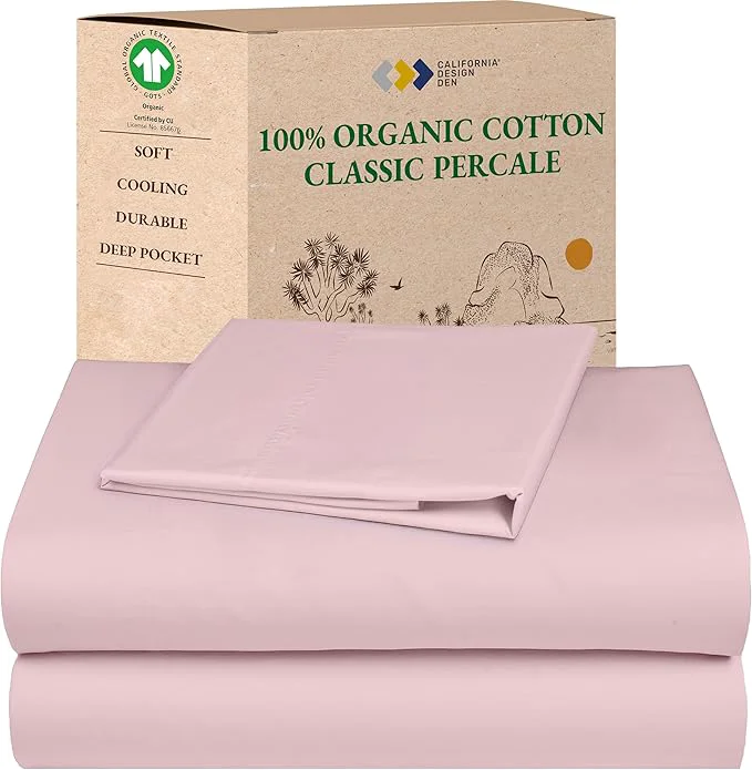 Healthy California Design Den Soft Organic Cotton Sheets Twin XL Size Set – Soft and Crisp Percale Twin XL Sheet Sets with Deep Pockets Breathable and Durable Bedding Pink – Chalky Tone Pure