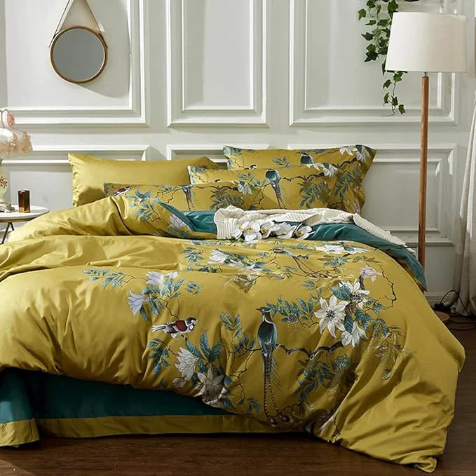 Premium Material mixinni Bird Duvet Cover Twin XL Garden Floral Duvet Cover Cotton Flowers on Yellow Bedding Set Girls Bedding Comforter Cover for Teen Girls 1 Duvet Cover with 2 Pillowcases-Twin XL Size High-End