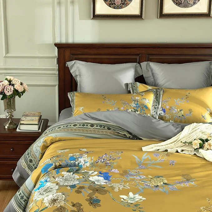 Certified mixinni King Size Duvet Cover Set – 3PC Garden Style Long Staple Cotton Golden Floral Bedding Chinoiserie Chic Botanical Print Reversible Design Zipper Closure Soft amp Breathable for Him amp Her