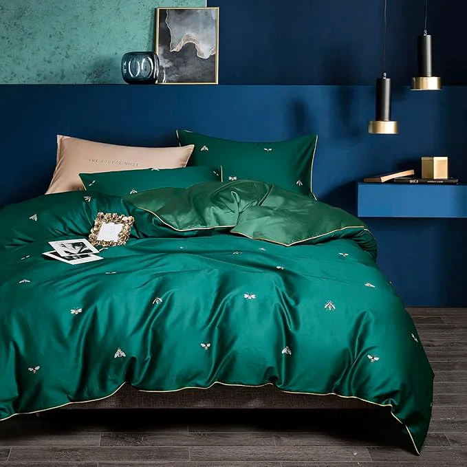 Superior mixinni Dark Green Duvet Cover Full Size Long Staple Cotton Honeybee Floral Pattern 3pc Bedding Duvet Cover Set with Zipper Ties 2 Pillowcases for Him and Her-Full Size Effective