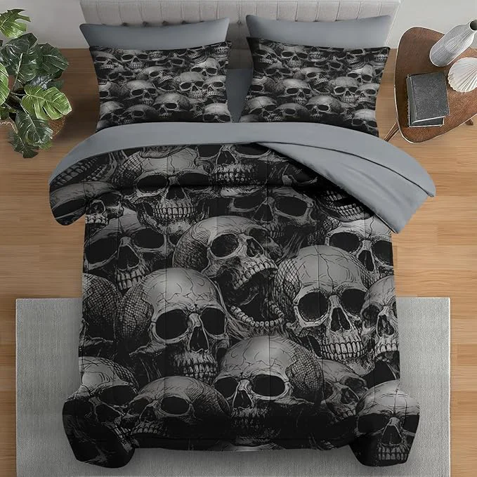 Next-Generation Comforter Set Queen Size Skeleton Retro 7 Pcs Bedding for Adults Spooky Horror Gothic Bed Sheet Sets with Fitted Sheet 2 Pillowcases amp 2 Shams for Bedroom Bed Decor Recyclable