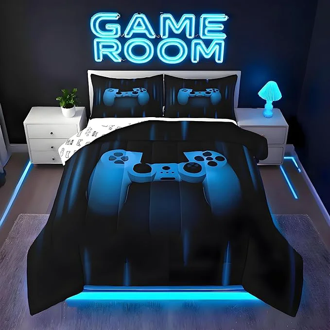 Classic Feelyou Boys Gamer Comforter Set Queen Size Bedding Set for Kids Gaming Comforter Blue Black Video Games Gamepad Room Decor for Teens Child Super Soft Geometric Duvet Quilted Son Grandson Gift Official