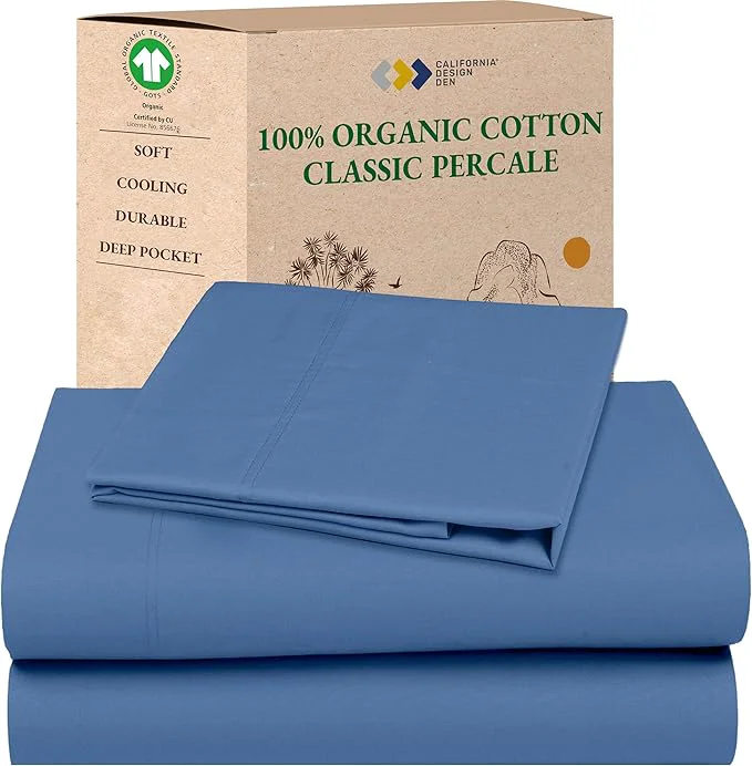 Professional California Design Den Extra Long Twin Sheets Set – Soft Organic Cotton Cool Percale Deep Pocket Organic Sheets with Anti-Skid Elastic Durable Bedding Set for Dorm Room – Riviera Blue Sophisticated
