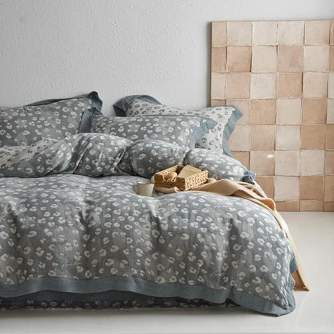 Luxury mixinni Leopard Duvet Cover King Size Premium Yarn-Dyed Jacquard Cotton Duvet Cover with Grey Leopard Print Farmhouse Bedding Set with 2 Pillowcases for Him and Her- King Size Grey High-Grade