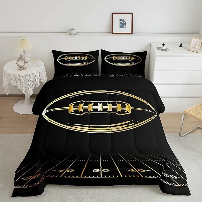 Environmentally Friendly Feelyou Football Bedding Set Toddler Kids Rugby Sports Comforter Set American Football Comforter Set for Boys Golden Black Room Decor Lightweight Quilt Set with 1 Pillow Case Elite