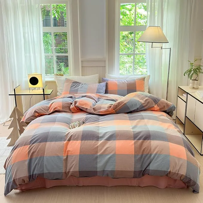 Crafted FACE TWO FACE Bedding Duvet Cover Set Washed Cotton Duvet Cover Linen Like Textured Breathable Durable Soft Comfy Full Cookie Powder Grid User-Friendly