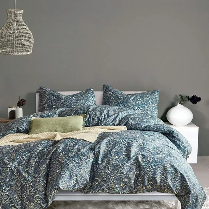 Smooth mixinni Floral Duvet Cover Queen Flower Pattern Blue Duvet Cover Set Garden Style Bedding Comforter Cover Set with Zipper Closure-Luxury Quality Soft Durable Easy Care 3pcs Queen Full Size Efficient