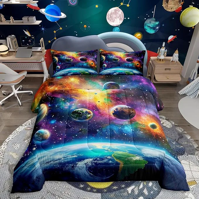 Official Feelyou Universe Galaxy Comforter Set Toddler Size Kids Planets Earth Bedding Set Boy Girl Teen Solar System Comforter Breathable Outer Space Duvet Set Nebula Quilt Set Artisan