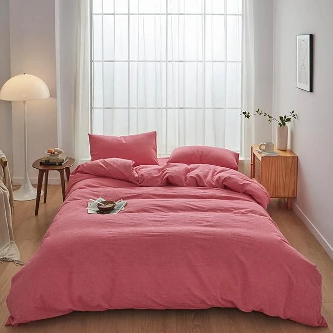 Convenient FACE TWO FACE Bedding Duvet Cover Set 3 Pieces Washed Cotton Duvet Cover Linen Like Textured Breathable Durable Soft Comfy California King Red Refined