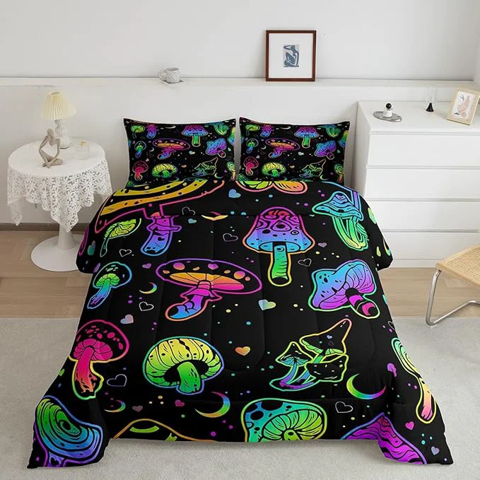Stylish Ombre Mushroom Bedding Sets Full Trippy Mushroom Comforter For Kids Girls Boys Women Cartoon Tie Dye Down Comforter Colorful Cute Mushroom Quilt Set Gradient Heart Pattern Quilted Comforter Black Traditional