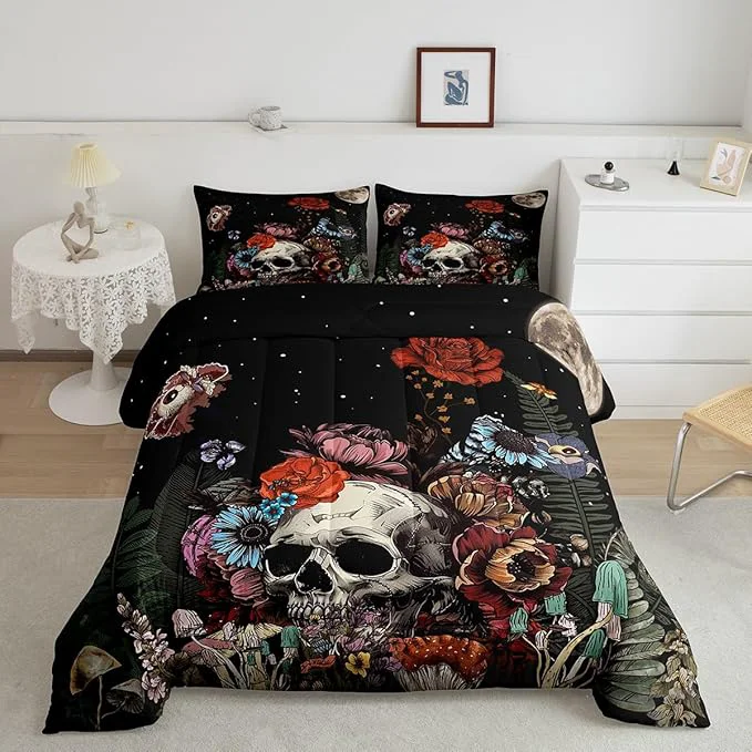 Sophisticated Erosebridal Sugar Skull Bedding Set Botanical Flower Comforter Set for Kids Boys Girls Home Decor Starry Sky Duvet Set Trippy Galaxy Halloween Gothic Down Comforter Soft Lightweight 3Pcs Full Size Enhanced