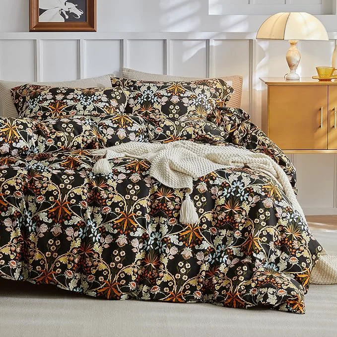 Enhanced mixinni Duvet Cover Full Size Cotton Percale Farmhouse Bedding Sets Soft Aesthetic Flowers Plants Comforter Cover for All Season 3 Pieces Cute Floral Bedding Comforter Set for Women-Full Size Relaxed