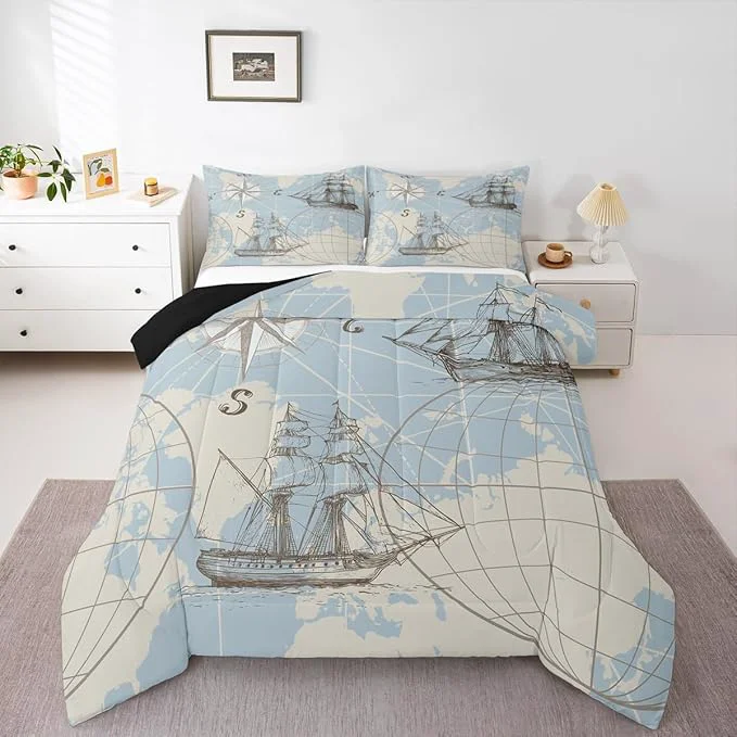 Elegant Nautical Comforter Set Full World Map Bedding Set for Kids Boys Girls Teens Retro Sailboat Ocean Duvet Insert Vintage Anchor Compass Down Comforter Yacht Sketch Quilted Comforter White Blue Lightweight
