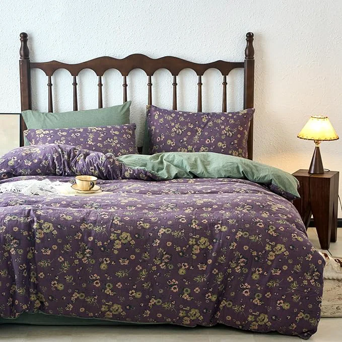 Next-Generation mixinni Vintage Floral Duvet Cover Queen Set – Purple amp Green Reversible Jacquard Yarn-Dyed Double-Layer Cotton Breathable Luxury Bedding 3-Piece Includes 2 Pillowcases Farmhouse amp Bohemian Modern