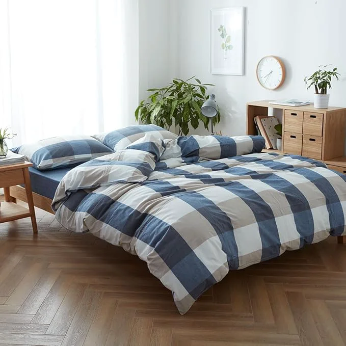 Environmentally Friendly FACE TWO FACE Bedding Duvet Cover Set Washed Cotton Duvet Cover Linen Like Textured Breathable Durable Soft Comfy Twin Blue and White Grid Effective