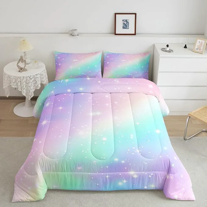 Excellent Ombre Rainbow Bedding Sets King Size Golden Stars Comforter Girls Tie Dye Duvet Insert Pink Purple Blue Princess Bedding Colorful Pastel Art Bedding Sets amp Collections Sweet Bedroom Decor Soft Warm Organic
