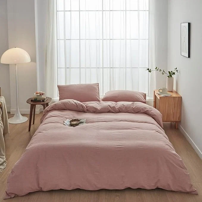 Green Face Two Face Bedding Duvet Cover Set 3 Pieces Washed Cotton Duvet Cover Linen Like Textured Breathable Durable Soft Comfy King Old Pink Refined