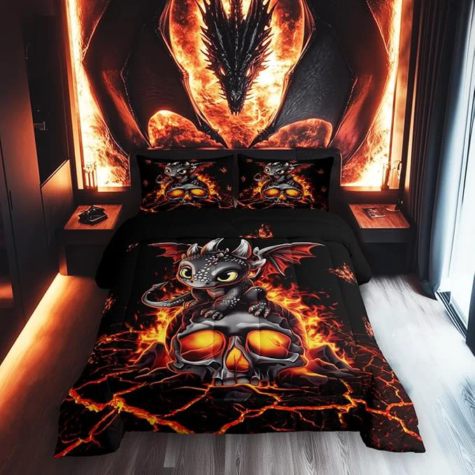Excellent Cartoon Dragon Bedding Set Twin Size Black Skull Flame Crack Comforter for Child Toddler Teens Lovely Halloween Dragon Down Comforter Neon Red Butterfly Duvet Insert with 1 Pillowcase Exclusive