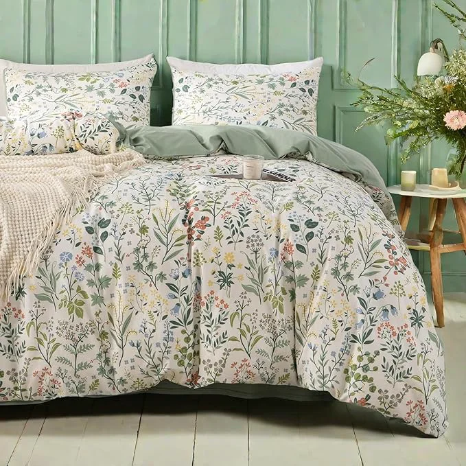 Fine mixinni Flower Duvet Cover Twin XL Size Sage Green Floral Duvet Cover Soft Cotton Cute Wildflower Green Leaves Print Cotton Bedding Duvet Cover Set Zipper amp Ties 1 Duvet Cover and 2 Pillowcases Enhanced