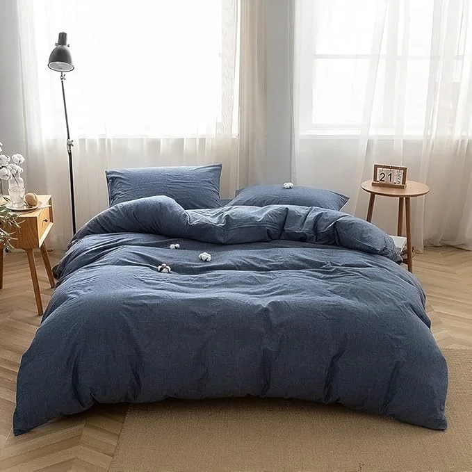 Elite FACE TWO FACE Bedding Duvet Cover Set Washed Cotton Duvet Cover Linen Like Textured Breathable Durable Soft Comfy Queen Navy Blue Specialty