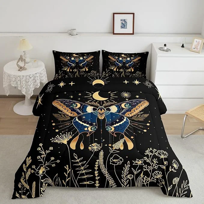 Secure Erosebridal Butterfly Bedding Set King Bohemian Moth Comforter Set for Adult Women Men 3Pcs Black Starry Sky Bedding Comforter Sets Halloween Exotic Moon Star Bedding Flower Weed Botanical Duvet Set Artisan