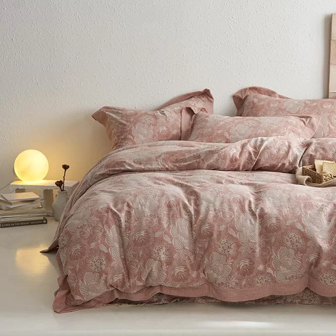 First-Class mixinni Duvet Cover King Premium Cotton Double-Layer Yarn Pink Floral Jacquard Comforter Cover with Edge Design Farmhouse Bedding Set with 2 Pillowcases for Him and Her-King Size Eco-Friendly