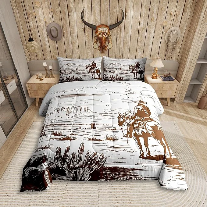 Authentic Western Comforter Set Queen Farmhouse Cowboy Bedding Set Western Bedding Country Southwest Desert Down Comforter American Wild Cactus Duvet Insert Vintage Hand Drawn Print 3Pcs Quilt for Boys Men Fashionable