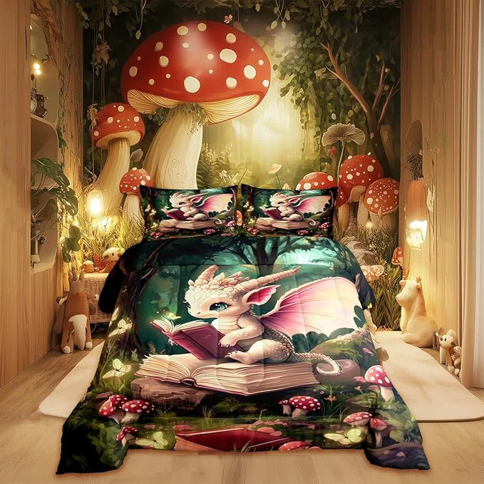Authentic al Dragon Wildlife Comforter Set Full Size Childlike Fairy Tale Bedding Set Kids Bedroom Decor Cute Jungle Mushroom All Season Quilt Set Sparkling Butterfly Bedding Comforter Sets 3Pcs Luxury
