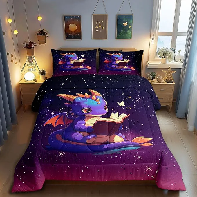 Healthy Castle Fairy Lovely Dragon Comforter Set Twin Size Purple Black Ombre Galaxy Bedding Set Bedroom Decor Cartoon Dragon Book Quilt Set Dreamy Glittering Print Starry Duvet Insert with 1 Pillowcase Smooth