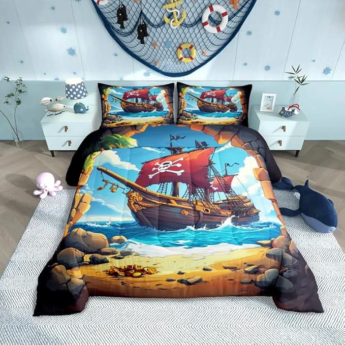 Carefully Designed Castle Fairy Pirate Boat Comforter Set Twin Size for Kids Boys Girls Navigation Treasure Adventure Bedding Sets All Season Gothic Sugar Skull Quilt Set Bedroom Decor Nautical Down Comforter 2Pcs Traditional